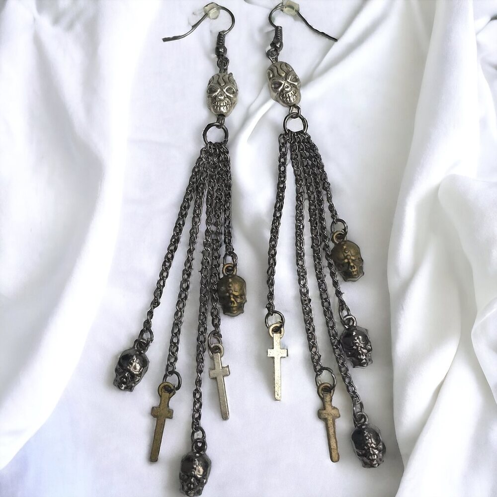 Skeleton Skull Cross Silver Tone Dangle Tassel Earrings Day of Dead Gothic